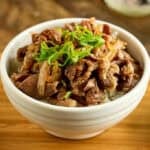 A bowl of gyudon topped with sliced green onions and shichimi togarashi