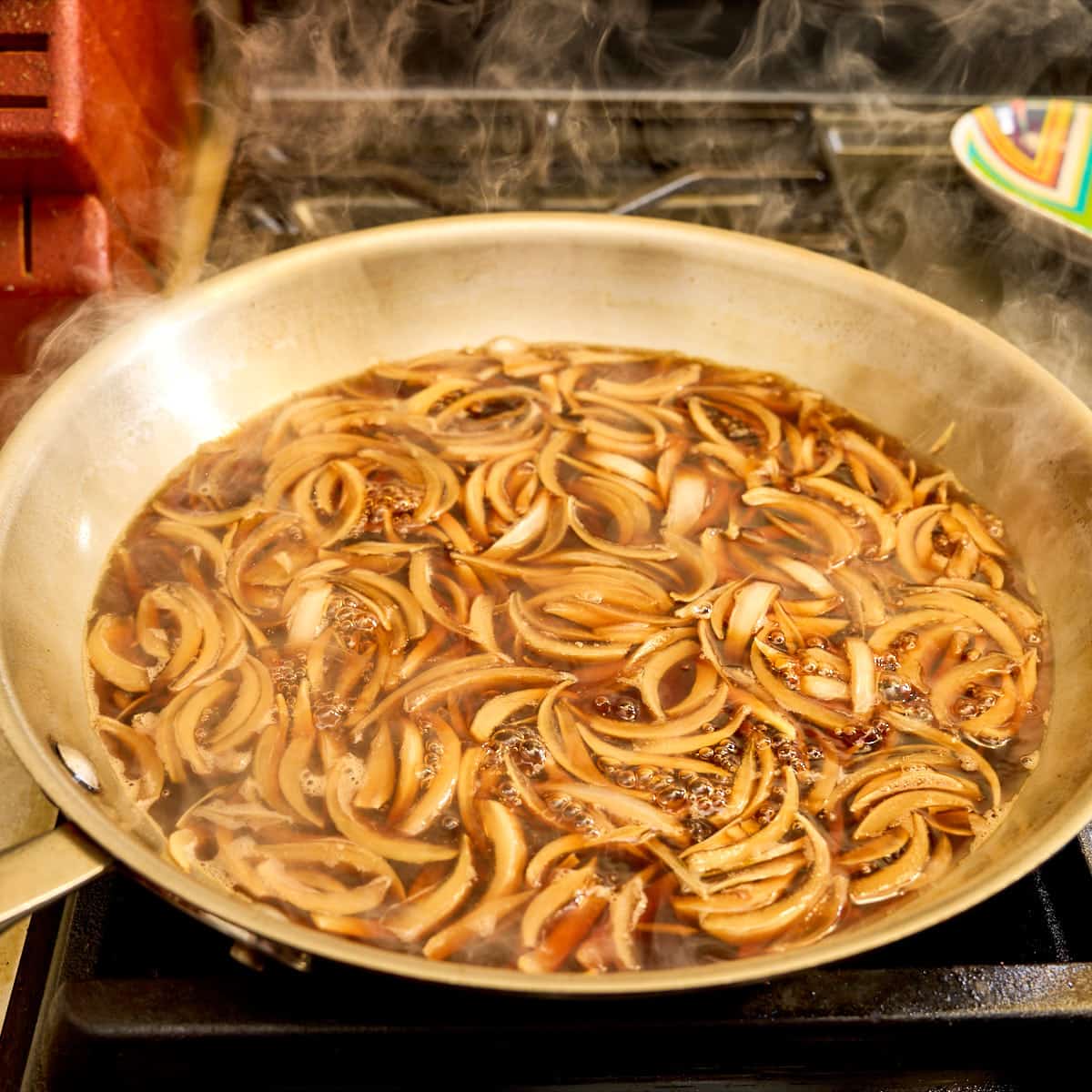 Onions simmering in the broth