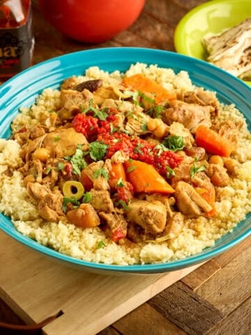 A bowl of Instant Pot Chicken Tagine