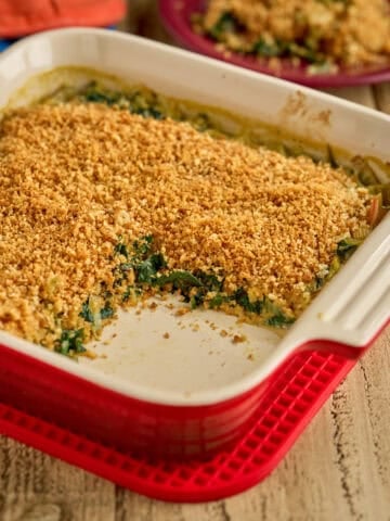 A baking dish of Swiss chard gratin