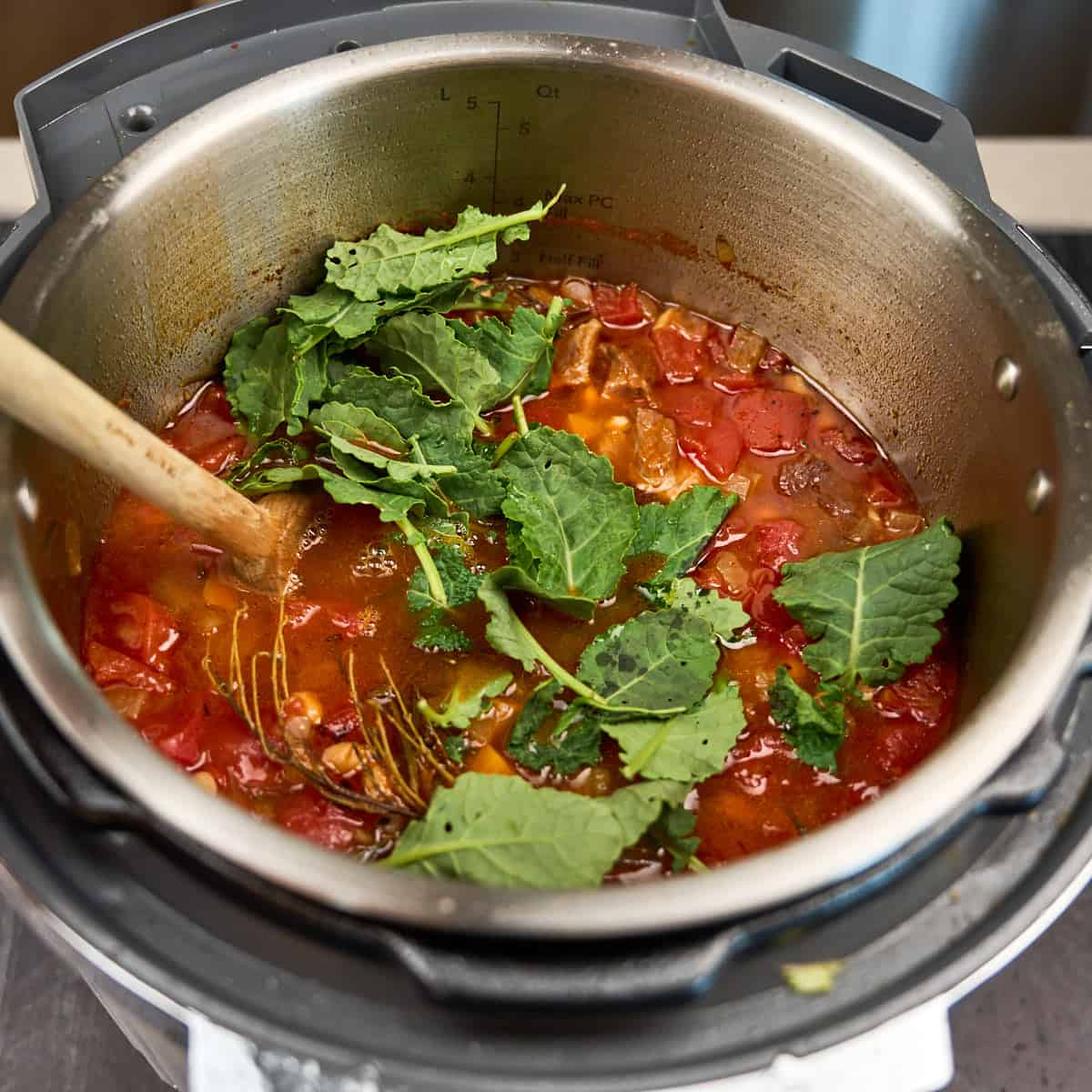 Adding the kale after pressure cooking